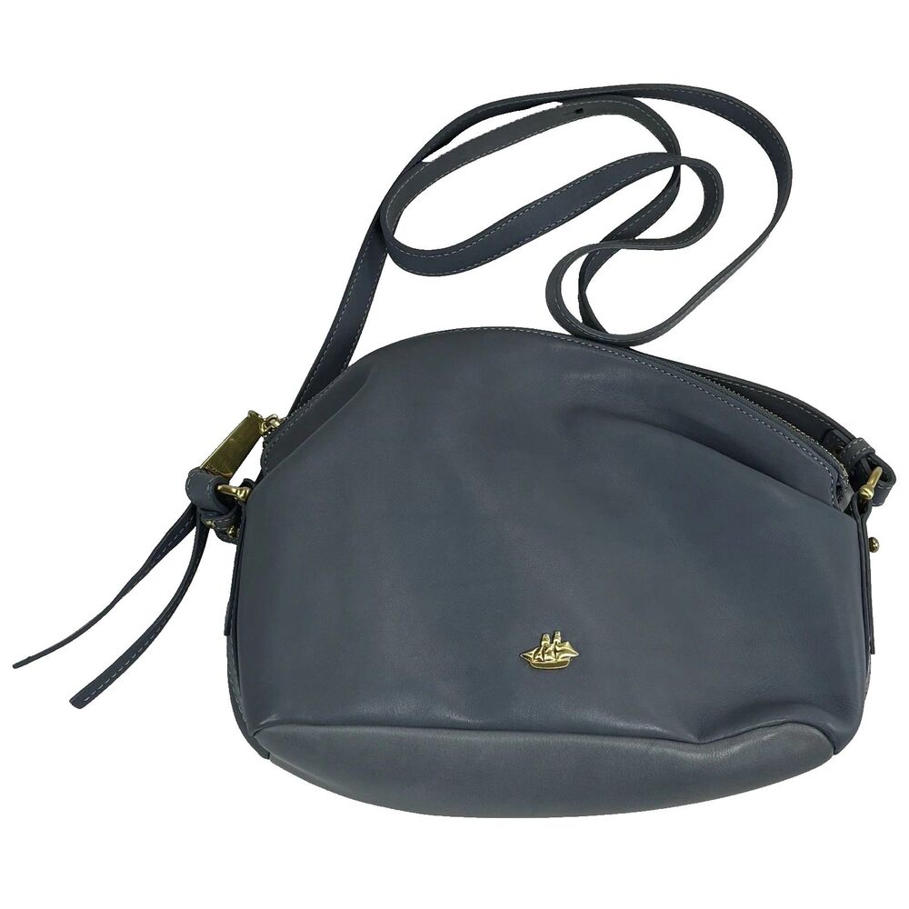Vintage Brahmin Smooth Blue Leather Shoulder Bag Purse Gold Sailboat Emblem
